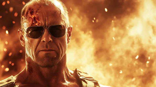 Tough action hero with burned face in fiery explosion