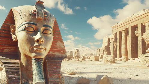 Sunlit Pharaoh sentinel guarding a crumbling desert temple.