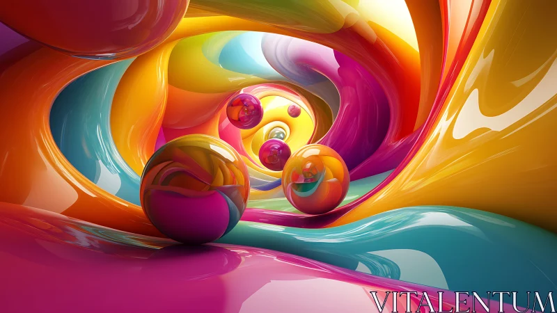 Swirling rainbow spheres invite you into a vibrant color tunnel
