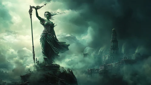 Colossal armored goddess statue towers over misty ancient city