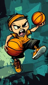 Fiery cartoon baller leaps forward with bold urban energy