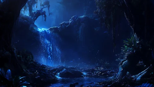 Bioluminescent Cave Waterfall Underground Paradise