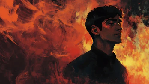 Quiet resolve in the heart of swirling orange flames.