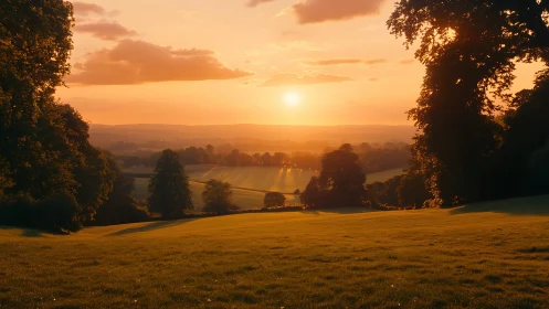 Sunlit countryside meadow under glowing orange sunset sky.