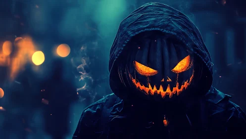 Hooded figure with glowing carved pumpkin head at night.