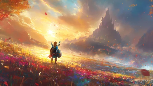 Lone dawnbound hero gazes toward emberlit crystal citadel.