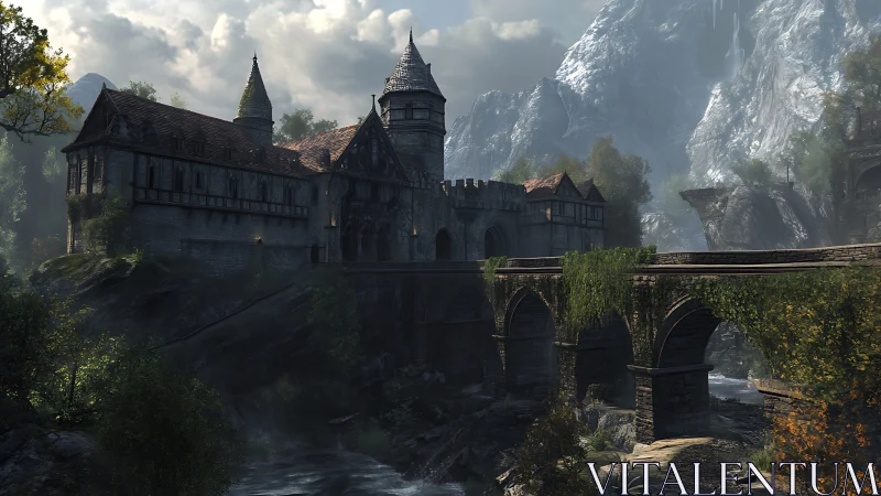 Medieval stone fortress with ivy bridge in misty valley.