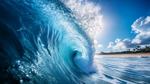 Breaking ocean wave barrel near tropical sandy shoreline.