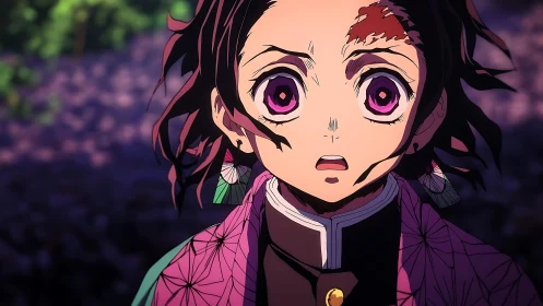 Stunned anime warrior with vivid eyes in dramatic close-up.