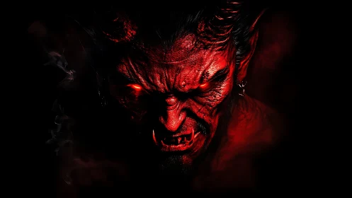 Red horned demonic figure is rendered in high contrast lighting