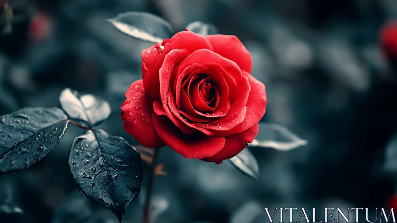 Red Rose with Moisture on Foliage.