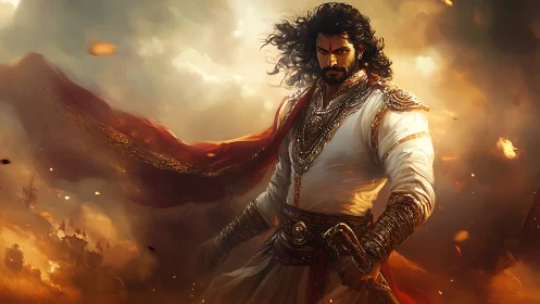 Warrior prince in burning skies of myth and courage.