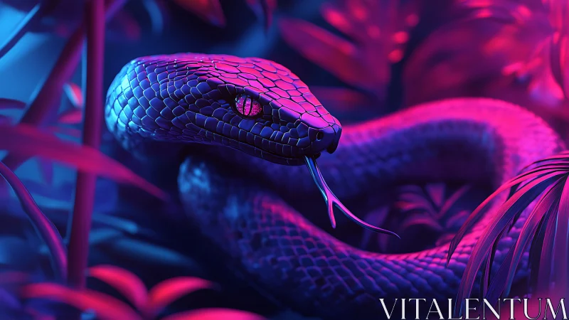 Bioluminescent neon viper coiled in synthetic jungle glow