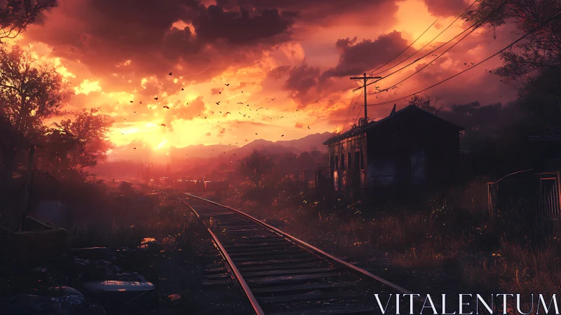 Burning sky over abandoned rural railroad at dusk.