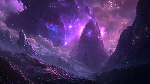 Nebular-lit alien mountain range under luminous violet sky