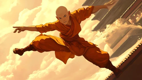Martial monk launches into a soaring rooftop leap at dusk.