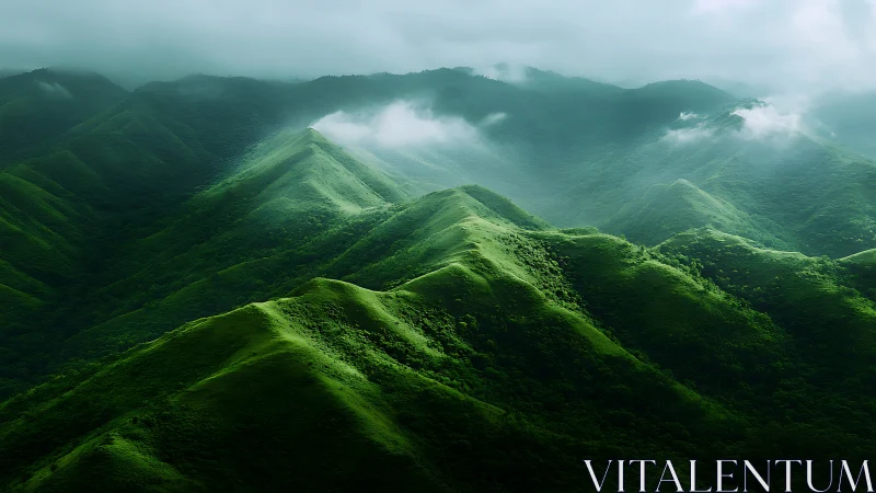 Mist-laden emerald ridgeline with soft diffused atmospheric light