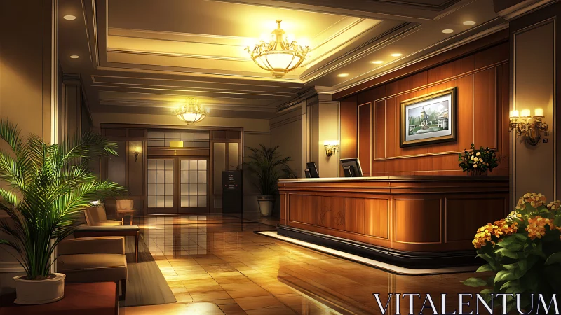 Luxury hotel lobby glows under warm chandelier lighting.