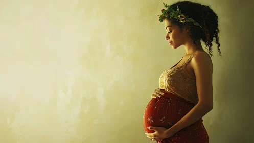 Serene pregnant woman in floral crown, soft natural light portrait.