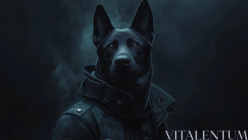 Lone cyber hound in tactical jacket under moody light.
