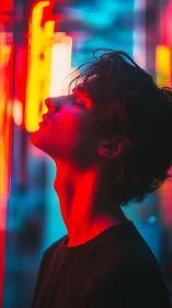 Side-profile portrait in saturated red cyan neon bokeh light