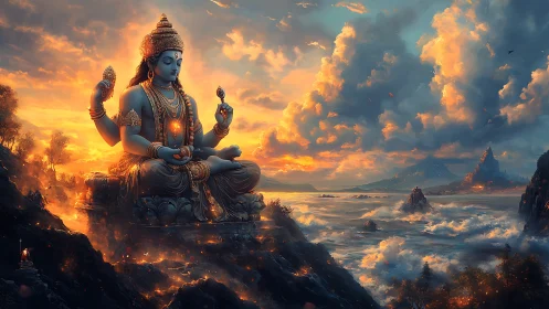 Celestial blue deity cradles a stormlit ocean at dawn