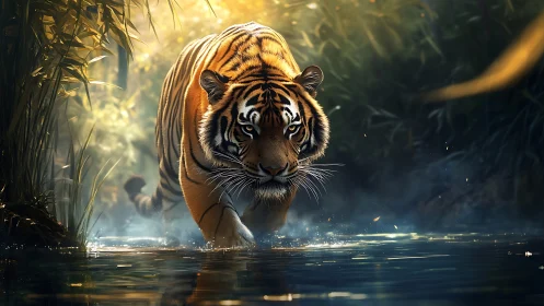 Predatory Bengal tiger advancing through refracted river light.