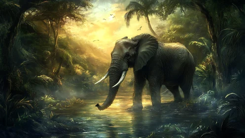 Majestic elephant strides through glowing rainforest stream.