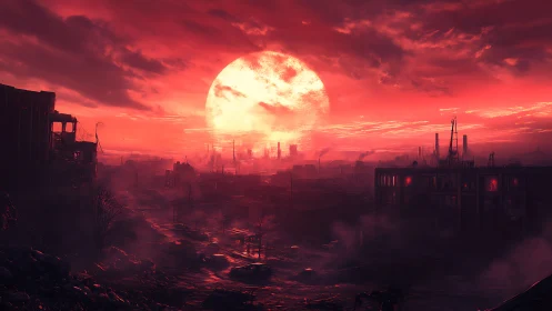Ruined industrial cityscape under oversized red sun at dusk.