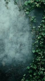 Weathered teal plaster wall with trailing ivy foliage detail