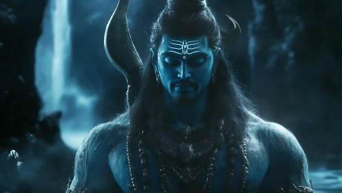Divine blue warrior in meditative pose under cool moonlight
