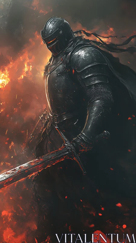 Ember-clad knight stalks the battlefield through molten dusk