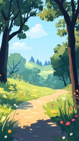 Forest Path with Stream and Distant Hills.