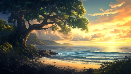 Gnarled Guardian Watches Golden Hour Serenity Unfold