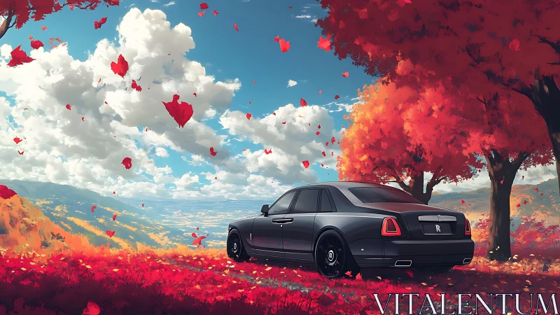 Luxury sedan parked in vivid red autumn valley landscape.