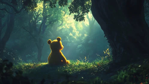 Golden plush bear watches dawn light in misty forest clearing