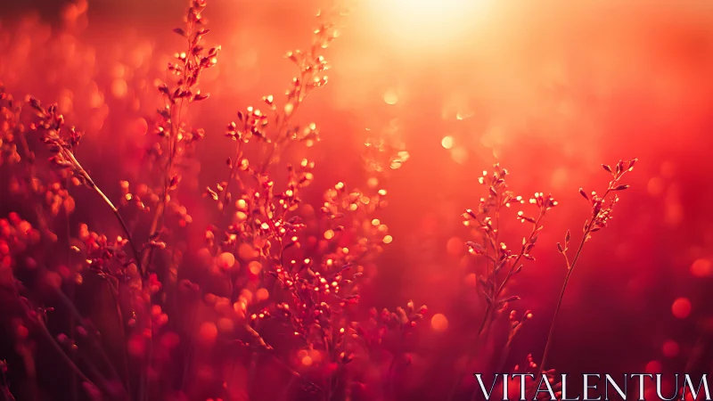 Backlit red wild grasses occupy shallow-focus foreground field