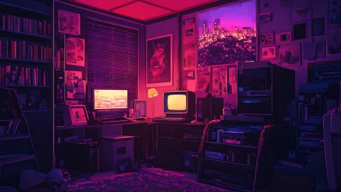 Retro workspace with dual screens and urban nightscape.