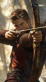 Young male archer draws bowstring with intense forward focus