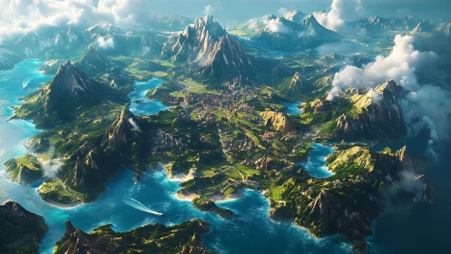 Aerial mountain landscape with coastal settlement and turquoise waters