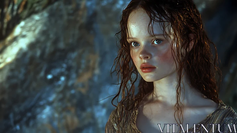 Wet haired young woman in dim rocky environment.