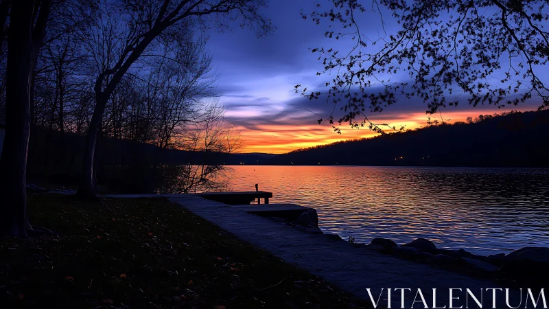 Lakeside dock silhouette against blue and orange dusk sky.