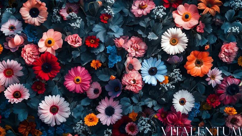 Dense Floral Arrangement with Varied Bloom Forms and Color Distribution