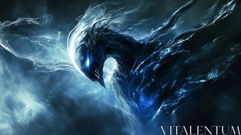 Abstract luminous avian entity in swirling blue plasma field.