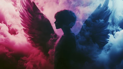 Silhouetted winged figure divides neon pink and blue smoke