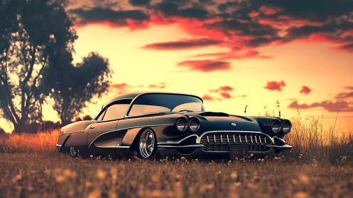 Sunset-lit classic coupe in stylized rural grassland field.