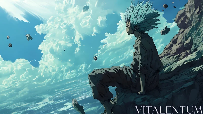 Skyward wanderer gazes into drifting clouds and floating stones.