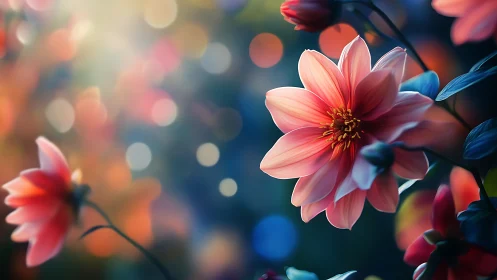 Coral Dahlias Bloom Against Bokeh Light.