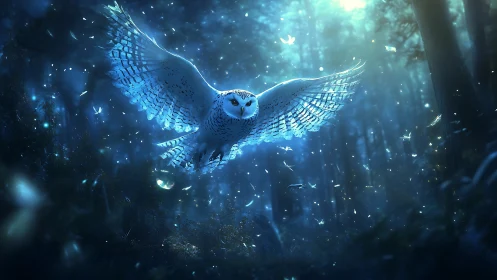 Majestic Snowy Owl in Enchanted Blue Forest at Night, Fantasy Art.