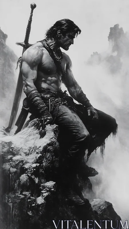 Battle-weary warrior rests on a misty cliff edge in silence.